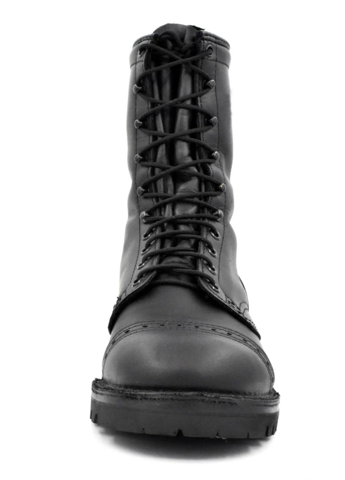 Exclusive Combat Black Leather Boots10-Eyelet Brogue Cap Toe Combat Boots - Lug Sole Military Style