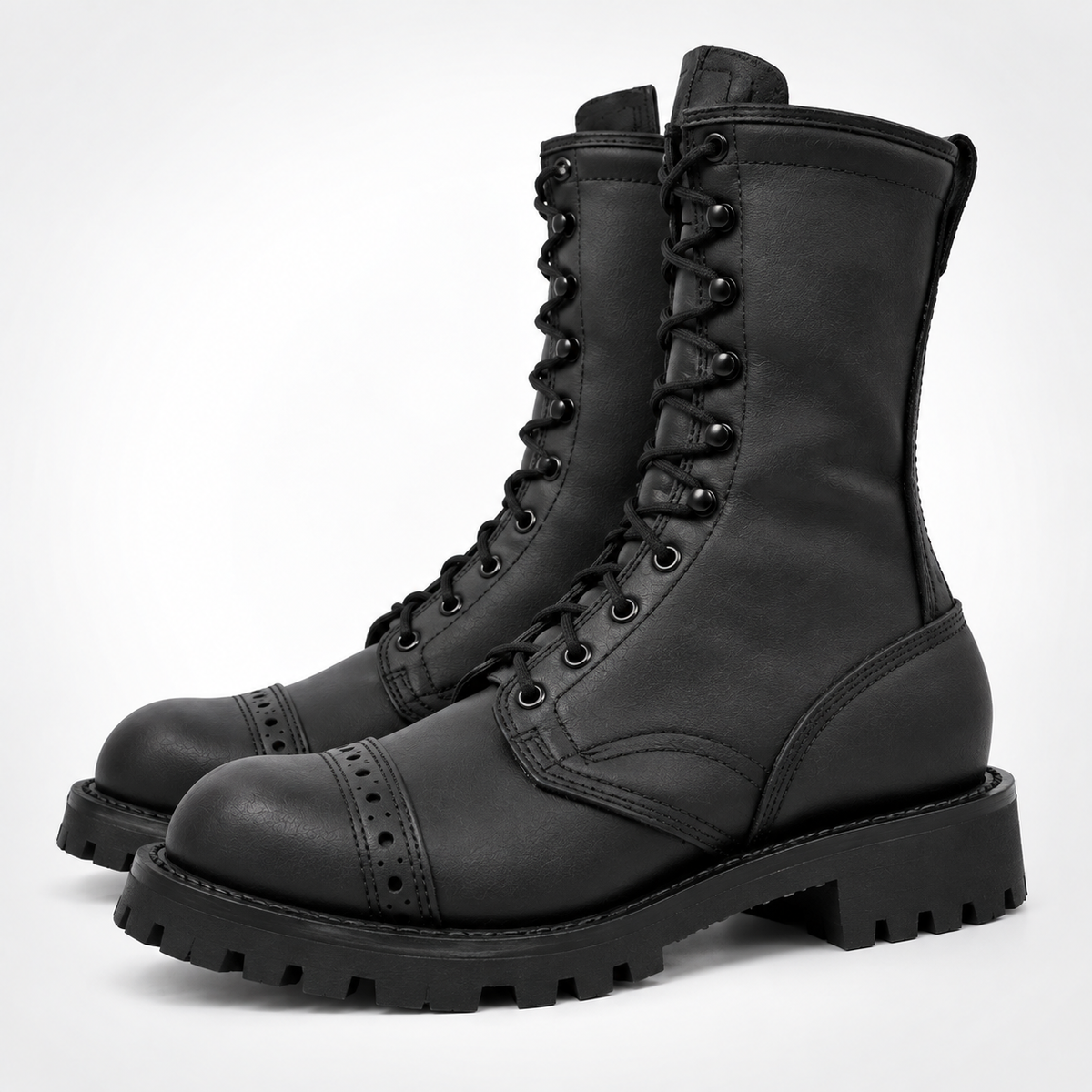 Exclusive Combat Black Leather Boots10-Eyelet Brogue Cap Toe Combat Boots - Lug Sole Military Style