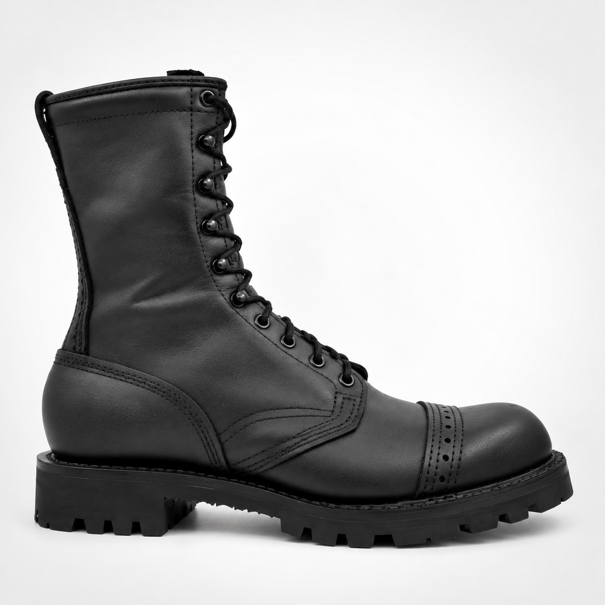 Exclusive Combat Black Leather Boots10-Eyelet Brogue Cap Toe Combat Boots - Lug Sole Military Style