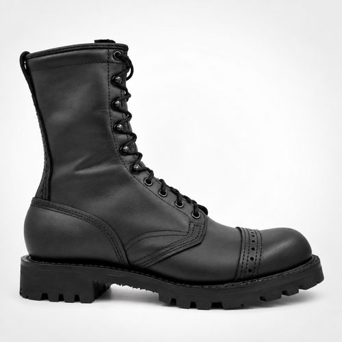 Exclusive Combat Black Leather Boots10-Eyelet Brogue Cap Toe Combat Boots - Lug Sole Military Style