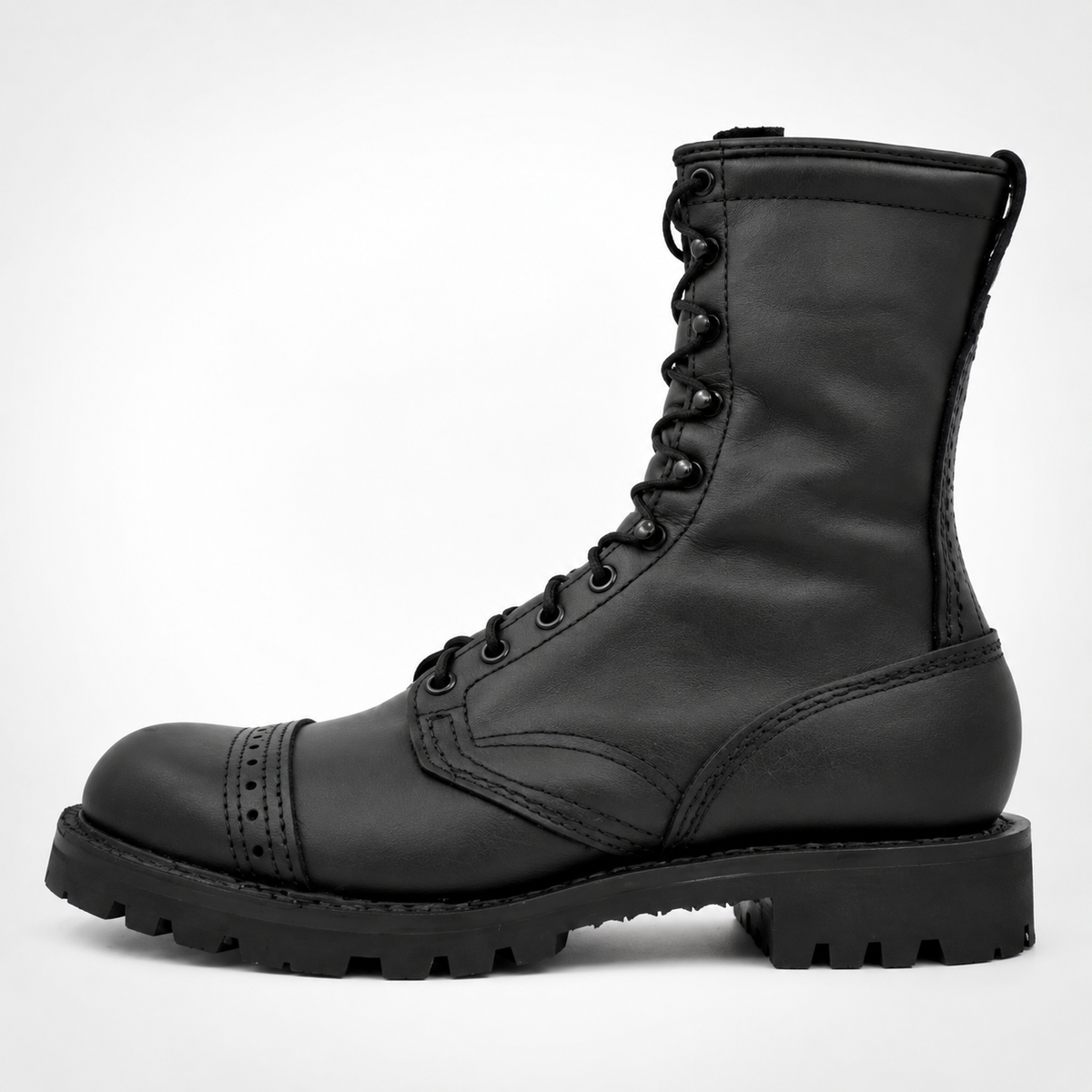Exclusive Combat Black Leather Boots10-Eyelet Brogue Cap Toe Combat Boots - Lug Sole Military Style