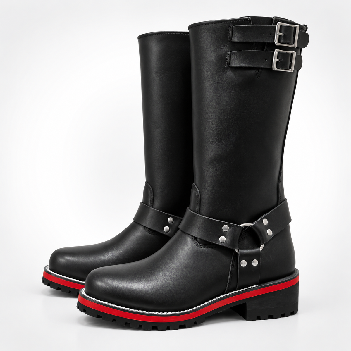 The Bold Harness Leather Boots- Red Midsole Chain Welt