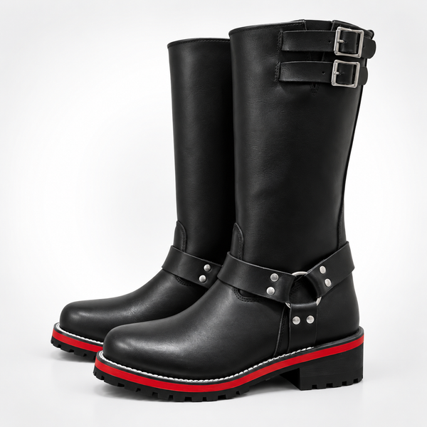 The Bold Harness Leather Boots- Red Midsole Chain Welt