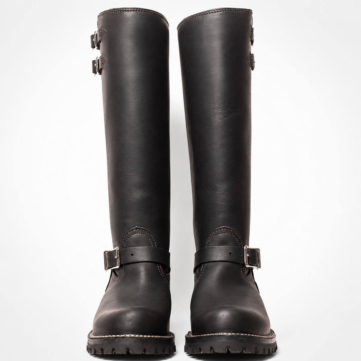 Double Strap black leather Boss Boot-High Engineer Boots - Double Shaft Buckle Lug Sole