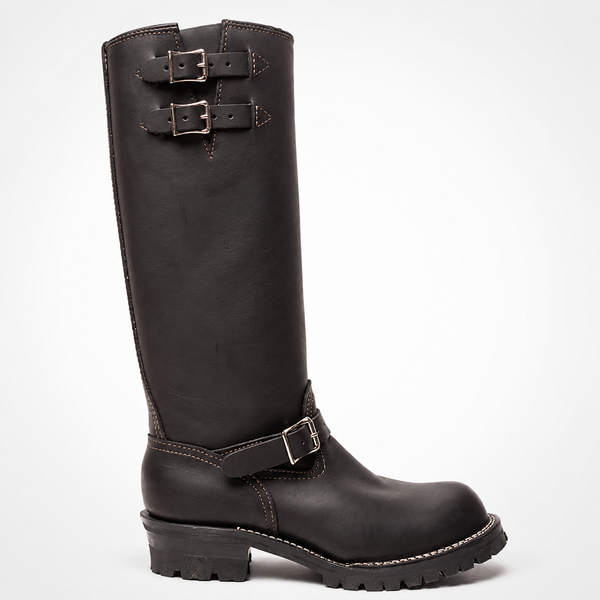 Double Strap black leather Boss Boot-High Engineer Boots - Double Shaft Buckle Lug Sole