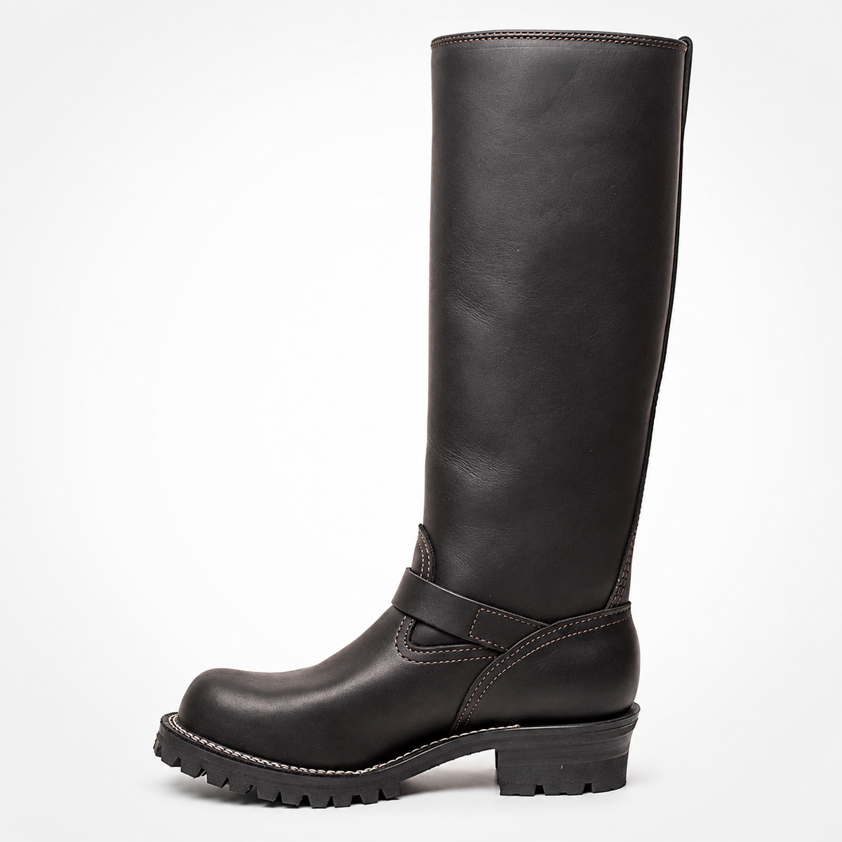 Double Strap black leather Boss Boot-High Engineer Boots - Double Shaft Buckle Lug Sole