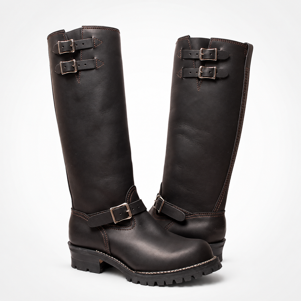 Double Strap black leather Boss Boot-High Engineer Boots - Double Shaft Buckle Lug Sole