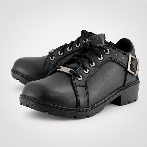 Womens Leather Lace-Up Motorcycle Shoes – Round Toe Biker Style