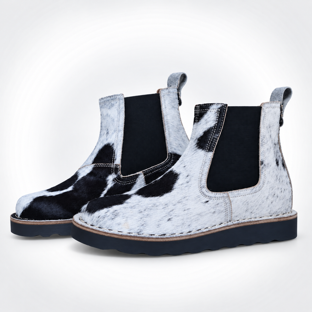 Mens White Black Cowhide Hair-On Dealer Boots - V-Stitch Toe Tall Shaft Lug Sole