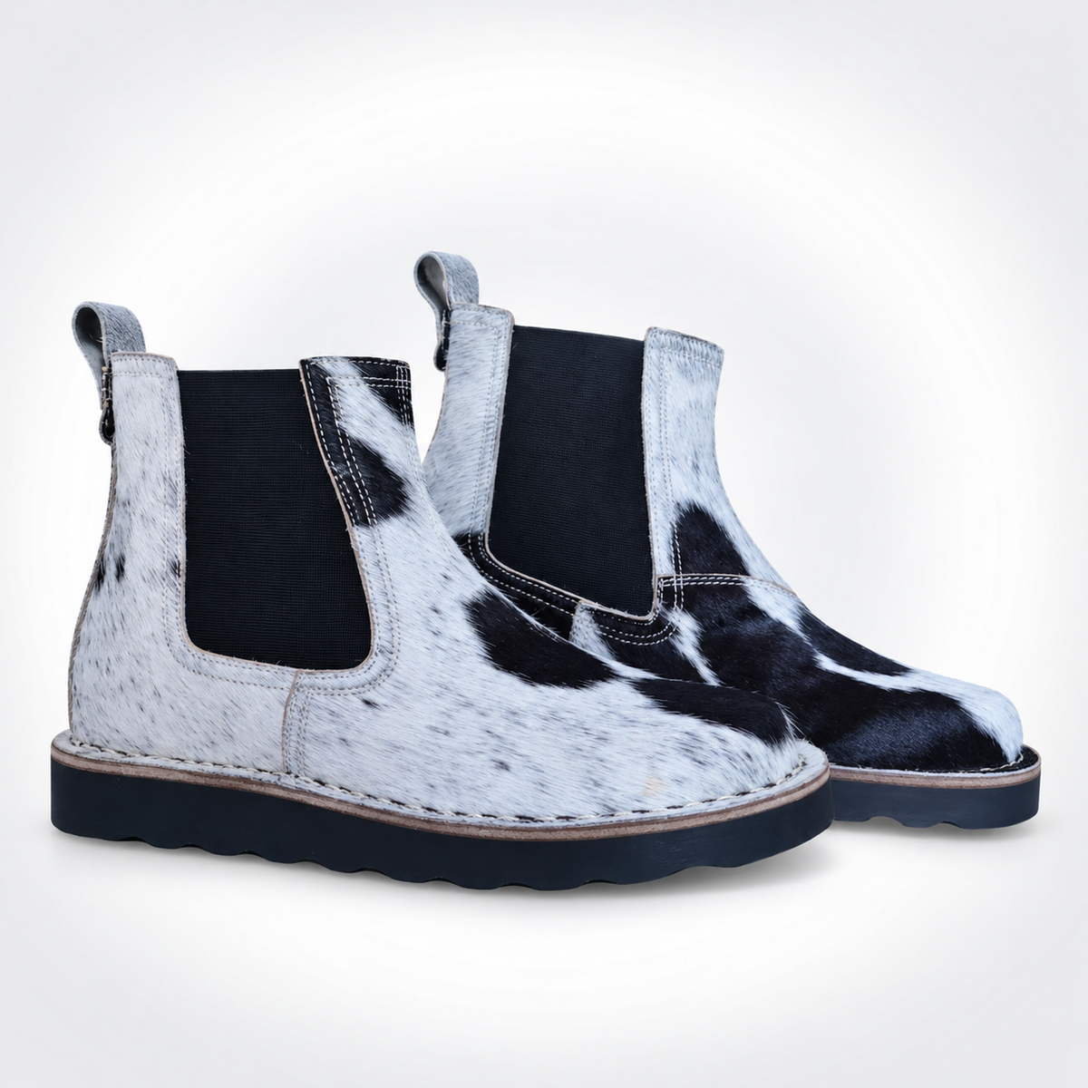 Mens White Black Cowhide Hair-On Dealer Boots - V-Stitch Toe Tall Shaft Lug Sole
