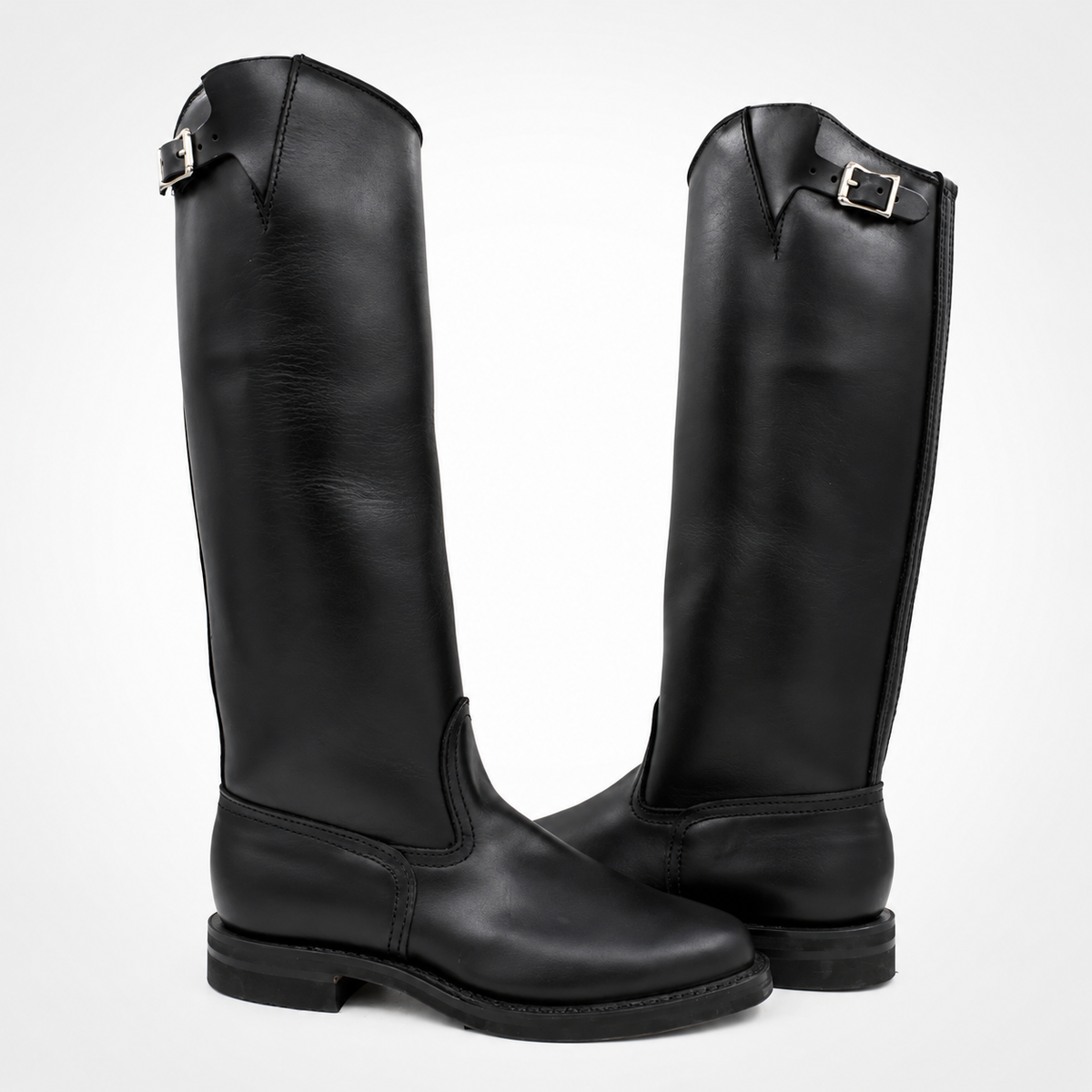 The Elite patrol Polished Leather Boots Knee-High Polo Riding Boots - Pointed Cuff Silver Buckle