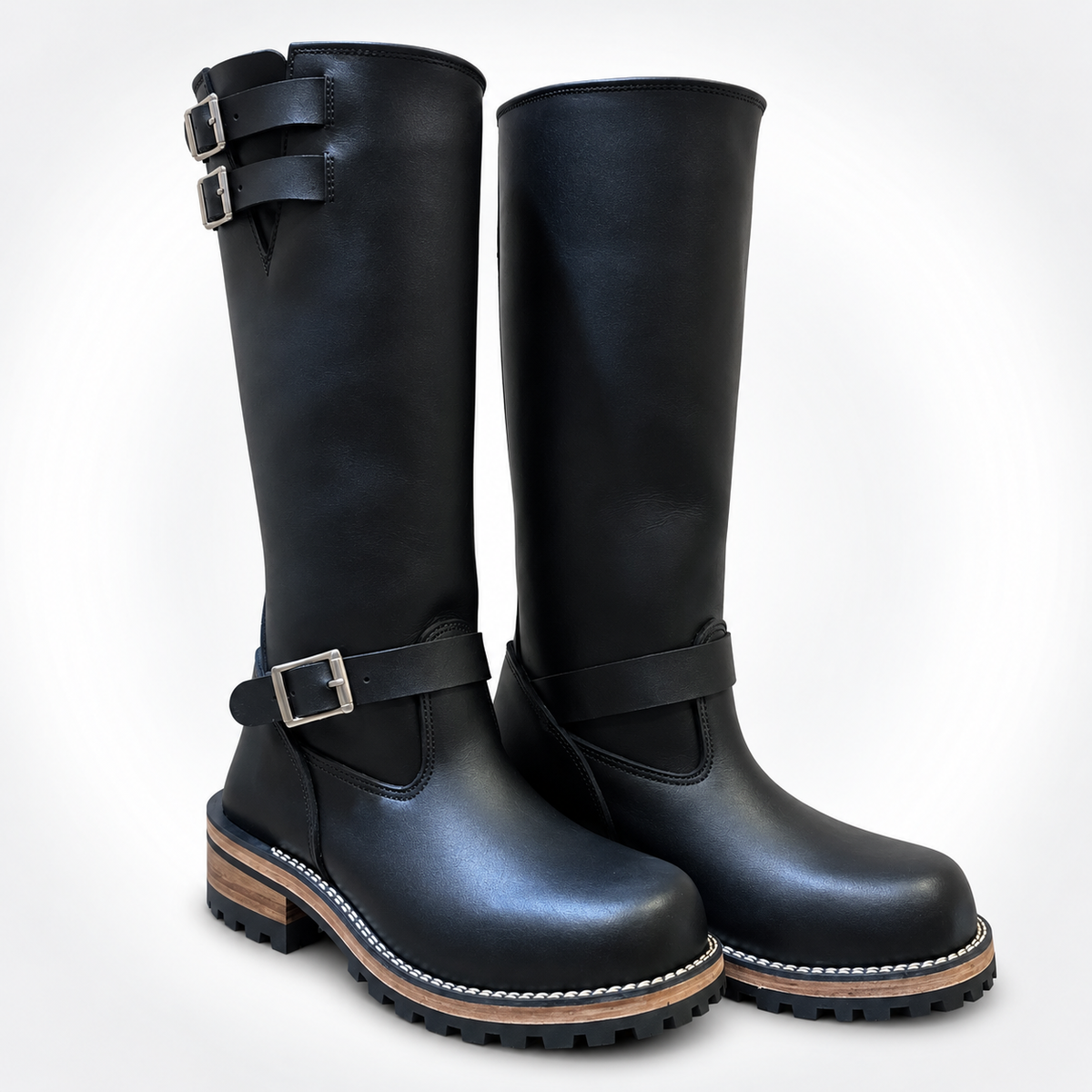 Mens Black Leather Triple Buckle Engineer Boots - Ankle Strap Stacked Heel Lug Sole