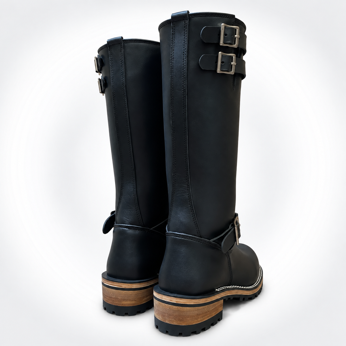 Mens Black Leather Triple Buckle Engineer Boots - Ankle Strap Stacked Heel Lug Sole