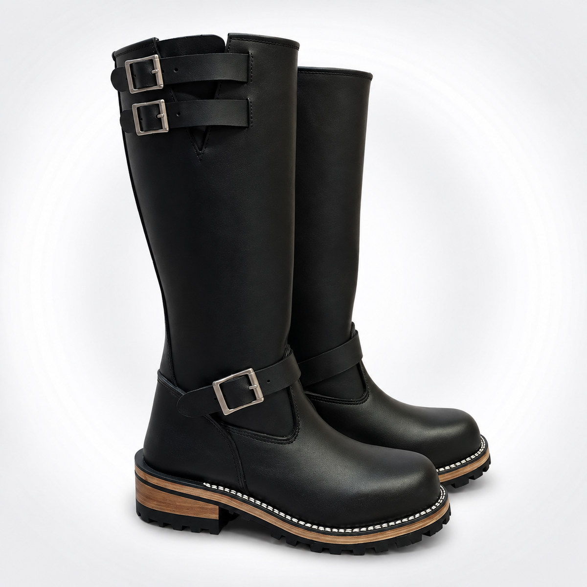 Mens Black Leather Triple Buckle Engineer Boots - Ankle Strap Stacked Heel Lug Sole