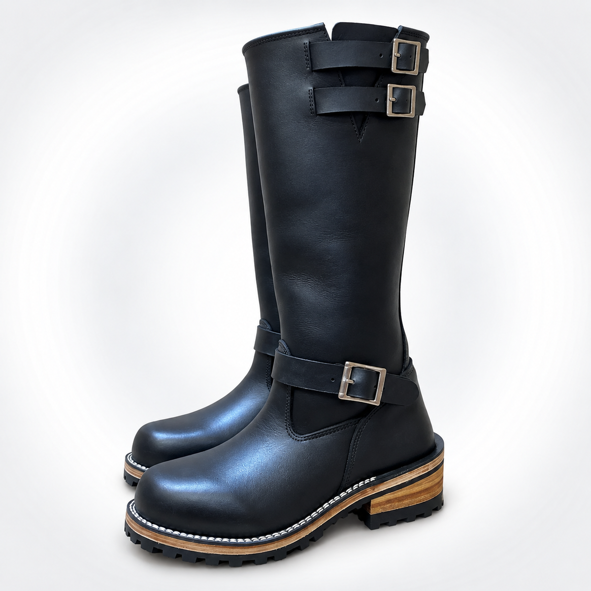 Mens Black Leather Triple Buckle Engineer Boots - Ankle Strap Stacked Heel Lug Sole