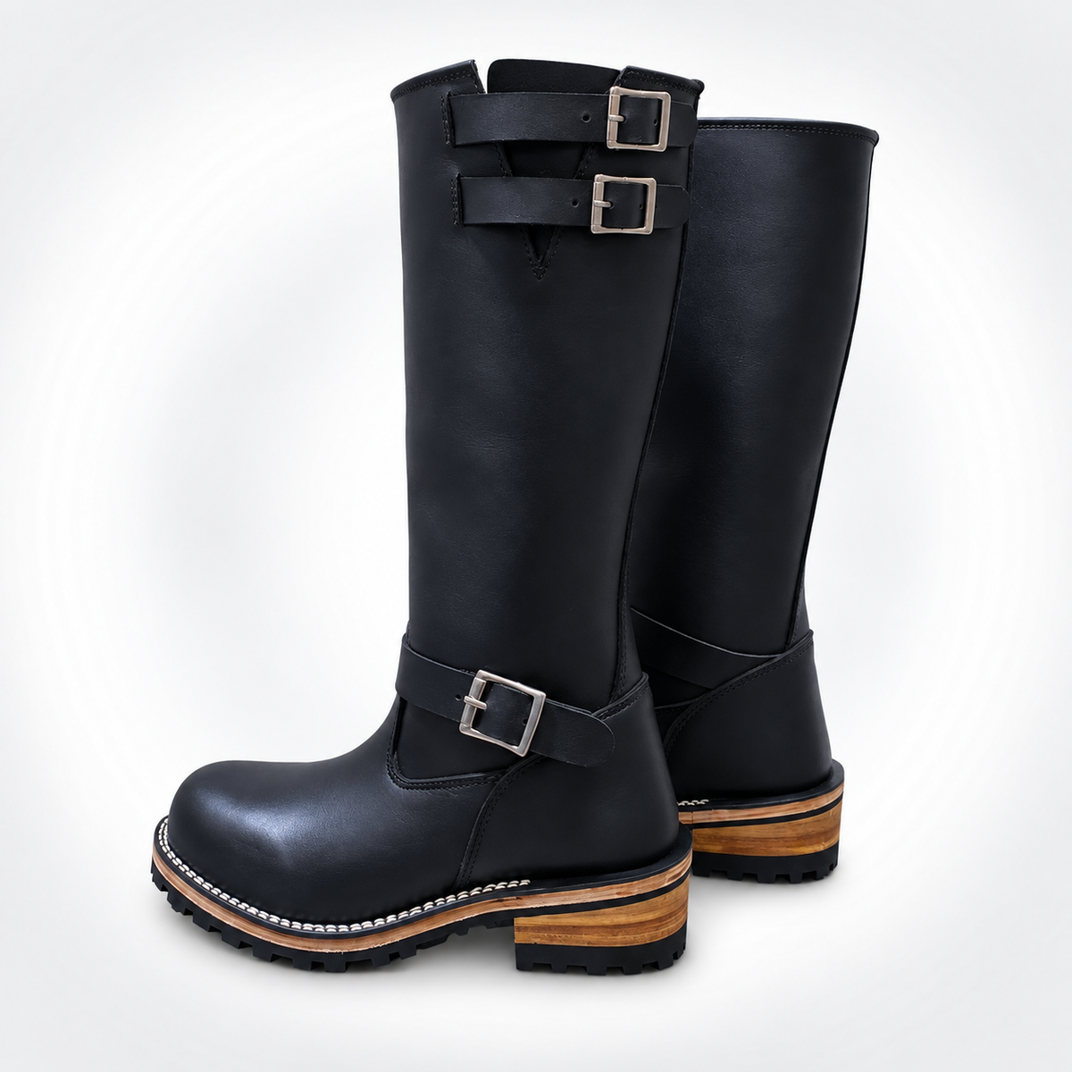Mens Black Leather Triple Buckle Engineer Boots - Ankle Strap Stacked Heel Lug Sole