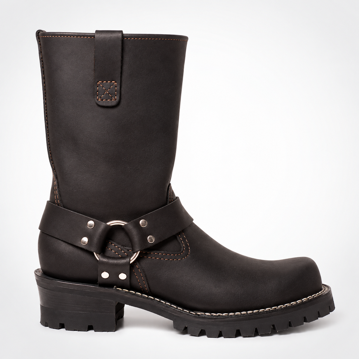 The Bold Harness Leather Boots -12-14 Inches Tall- Silver O-Ring Stud Lug Sole