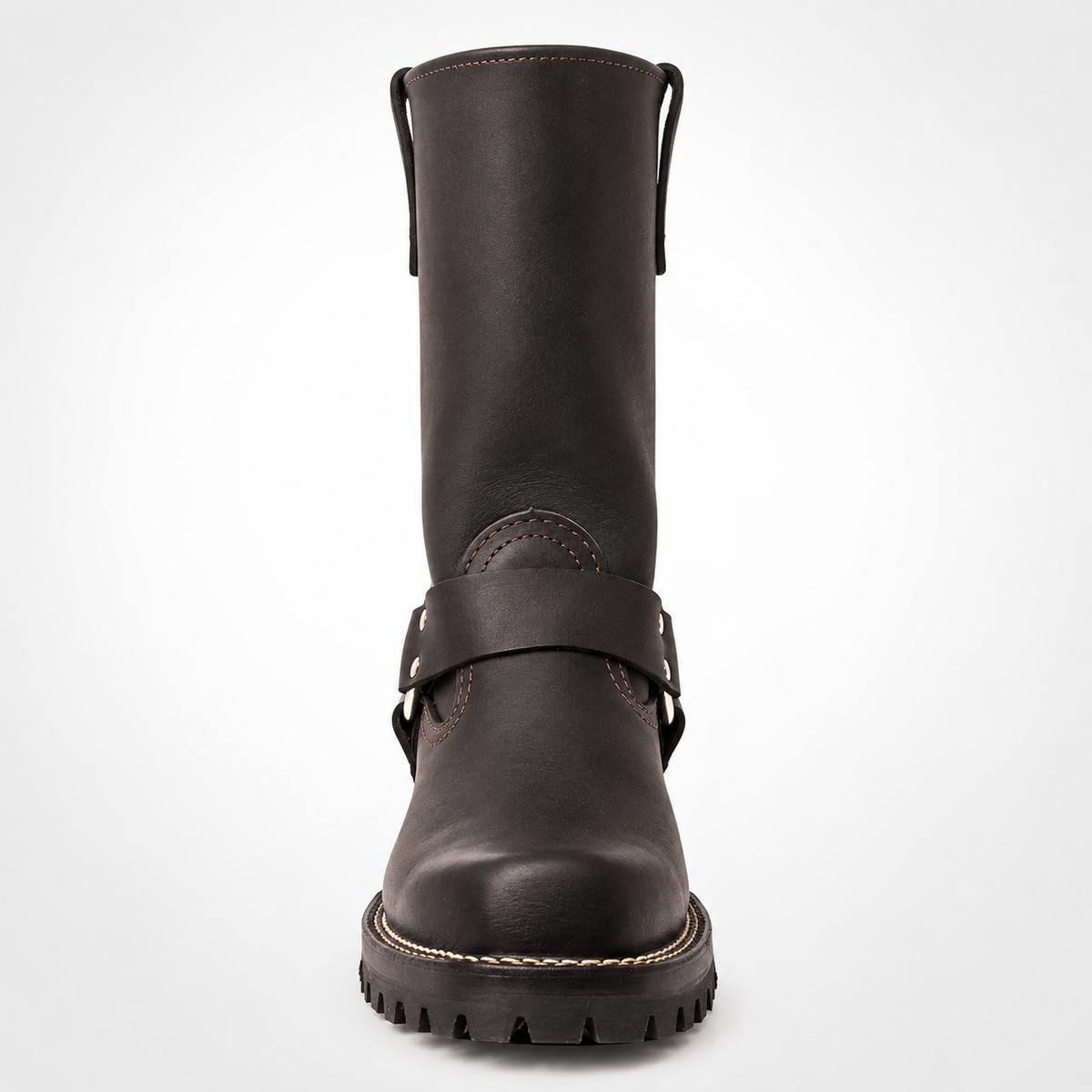 The Bold Harness Leather Boots -12-14 Inches Tall- Silver O-Ring Stud Lug Sole