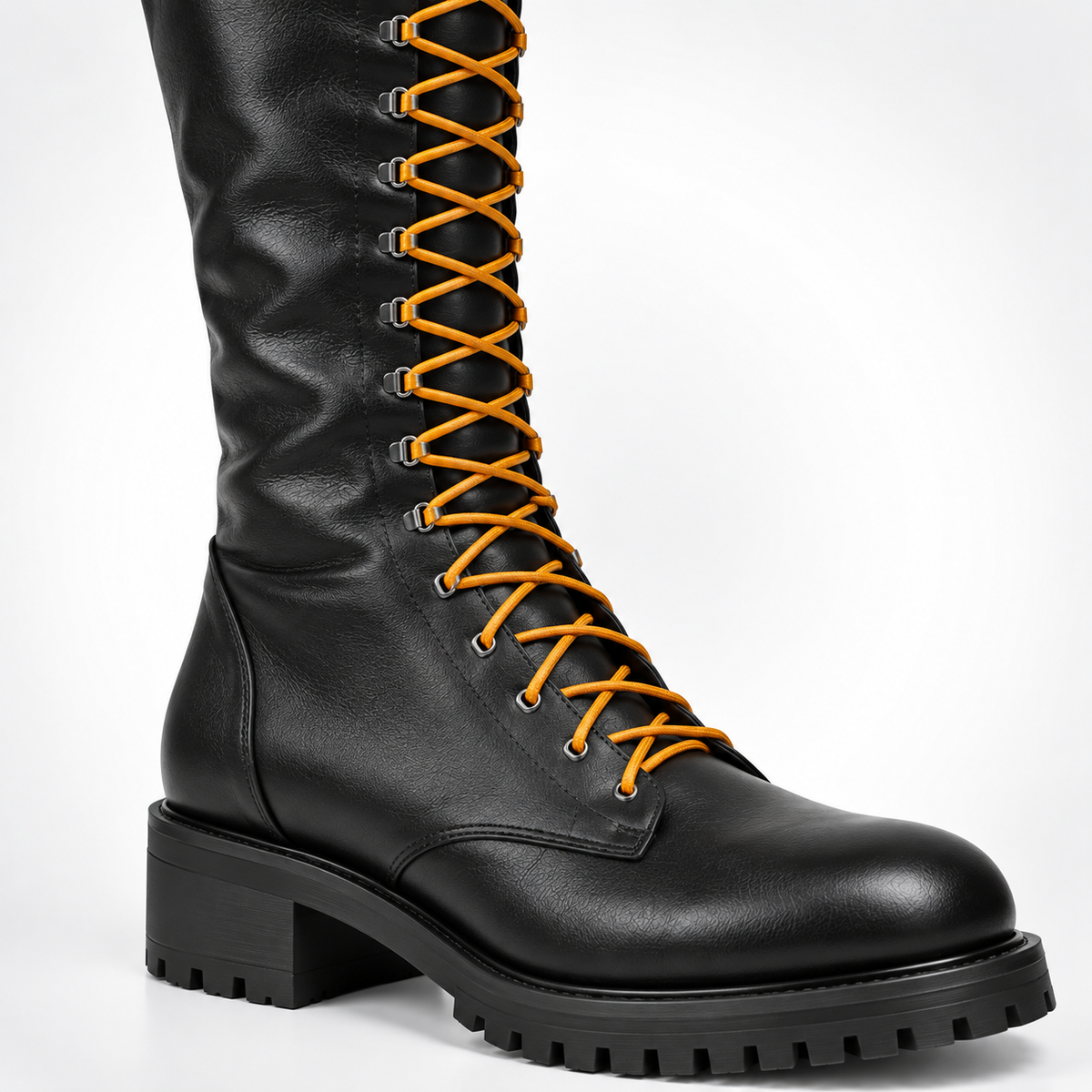 Black Leather Jobmaster yellow Lace Boots Over-the-Knee Combat Boots - D-Ring Eyelet Lug Sole