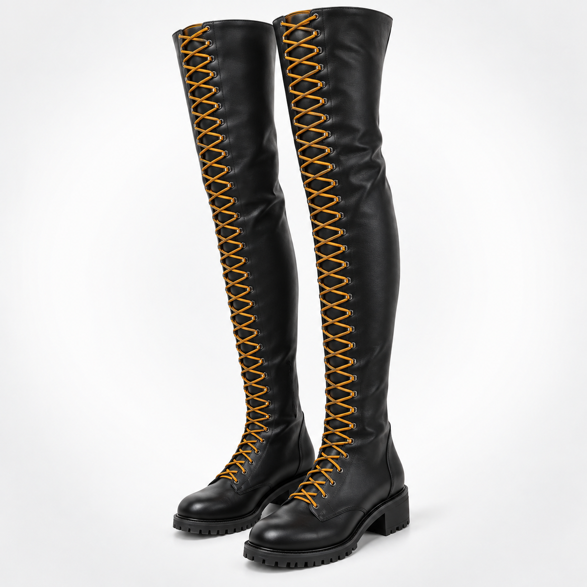 Black Leather Jobmaster yellow Lace Boots Over-the-Knee Combat Boots - D-Ring Eyelet Lug Sole