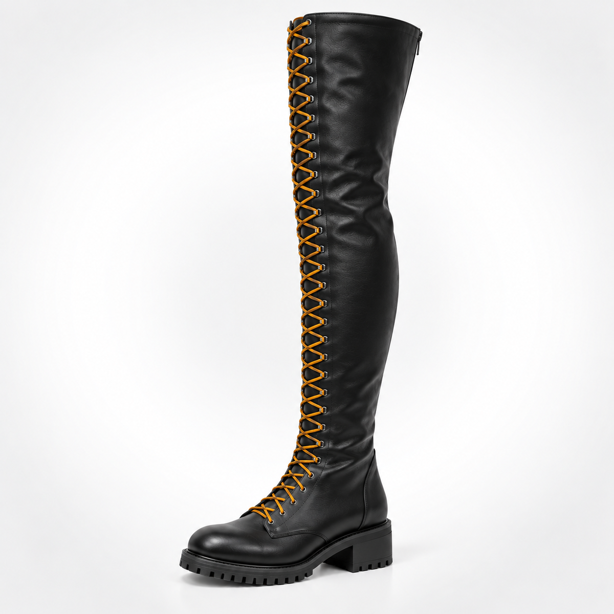 Black Leather Jobmaster yellow Lace Boots Over-the-Knee Combat Boots - D-Ring Eyelet Lug Sole