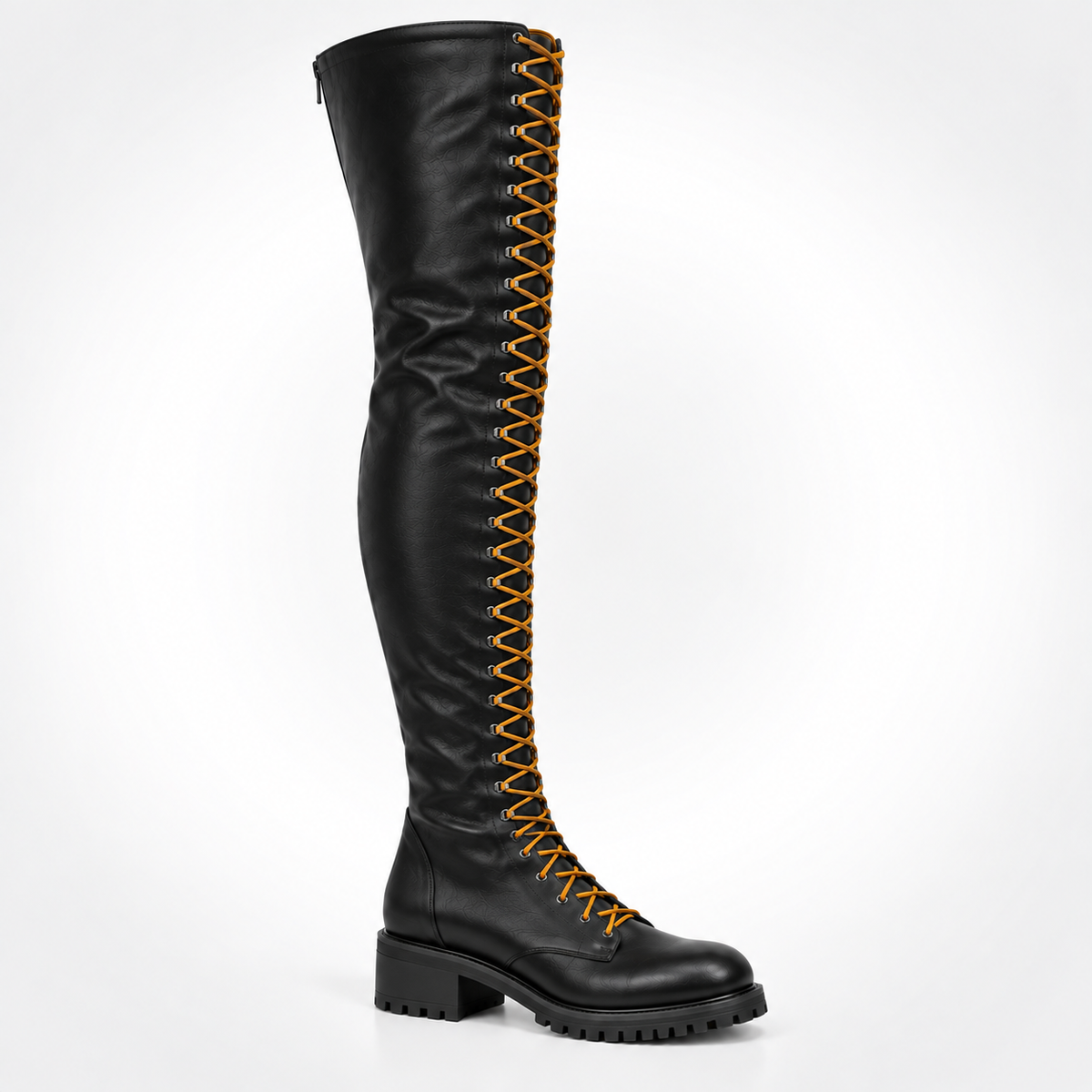 Black Leather Jobmaster yellow Lace Boots Over-the-Knee Combat Boots - D-Ring Eyelet Lug Sole