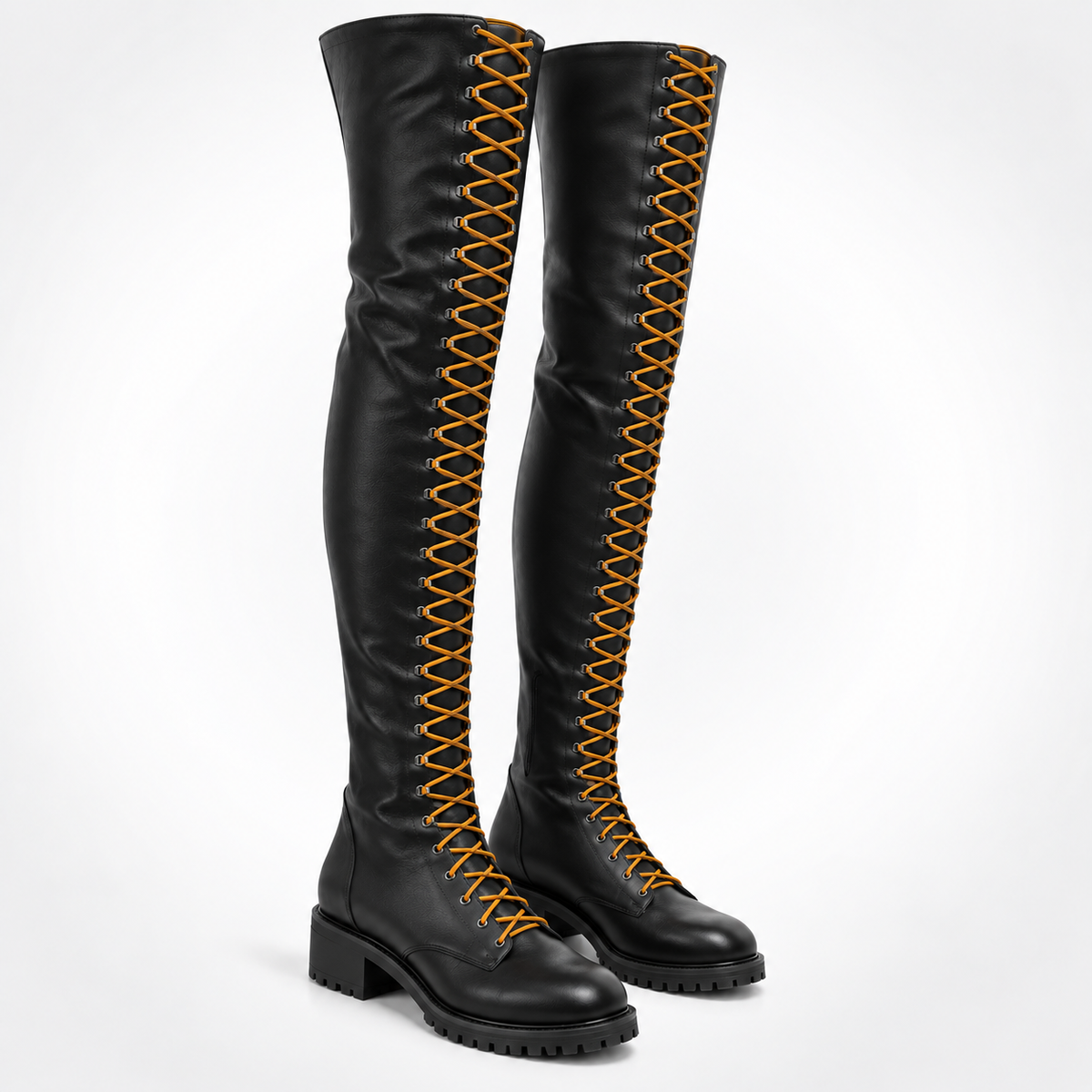 Black Leather Jobmaster yellow Lace Boots Over-the-Knee Combat Boots - D-Ring Eyelet Lug Sole