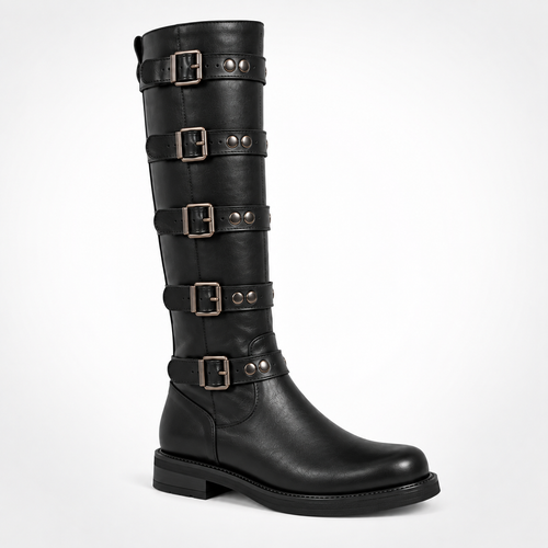 Black Waxed Leather Five Buckle Studded Strap Knee-High Biker Boots - Gunmetal Hardware