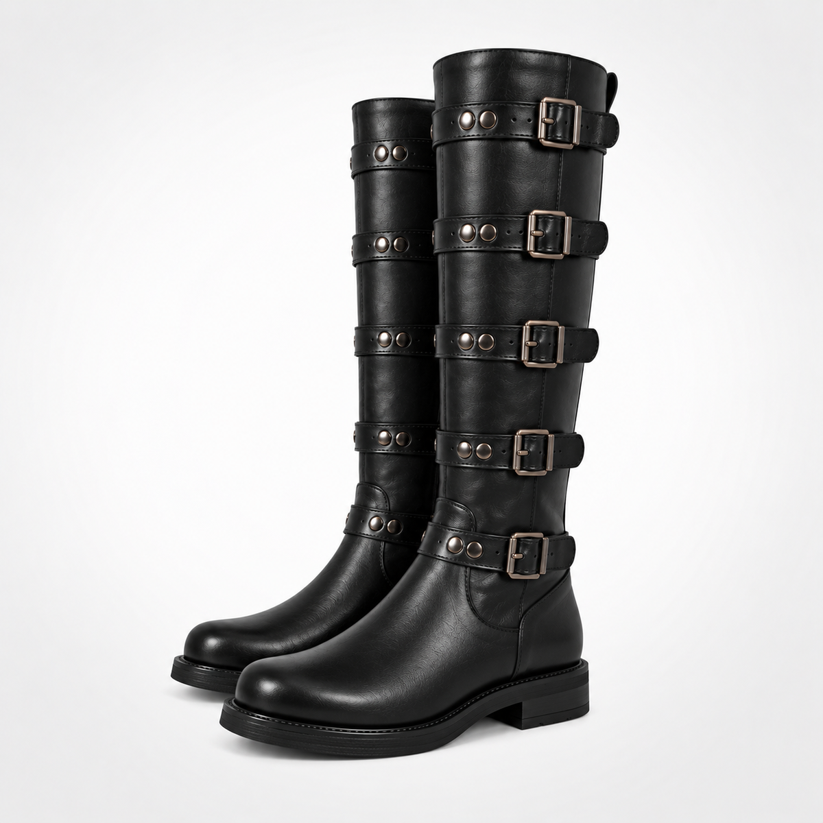 Black Waxed Leather Five Buckle Studded Strap Knee-High Biker Boots - Gunmetal Hardware