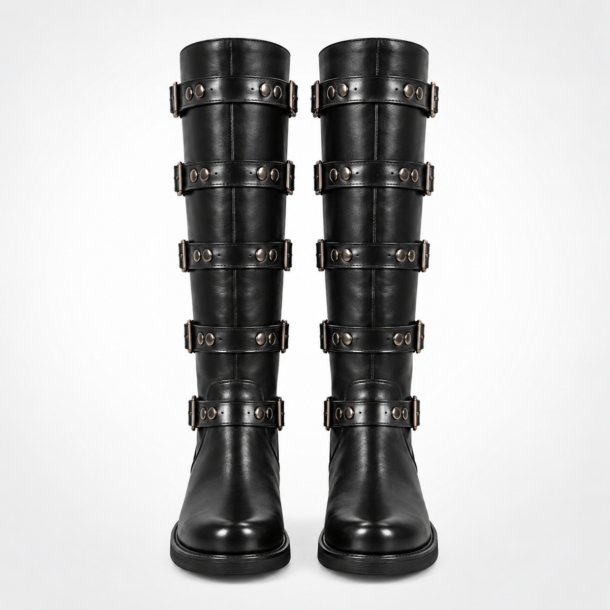 Black Waxed Leather Five Buckle Studded Strap Knee-High Biker Boots - Gunmetal Hardware