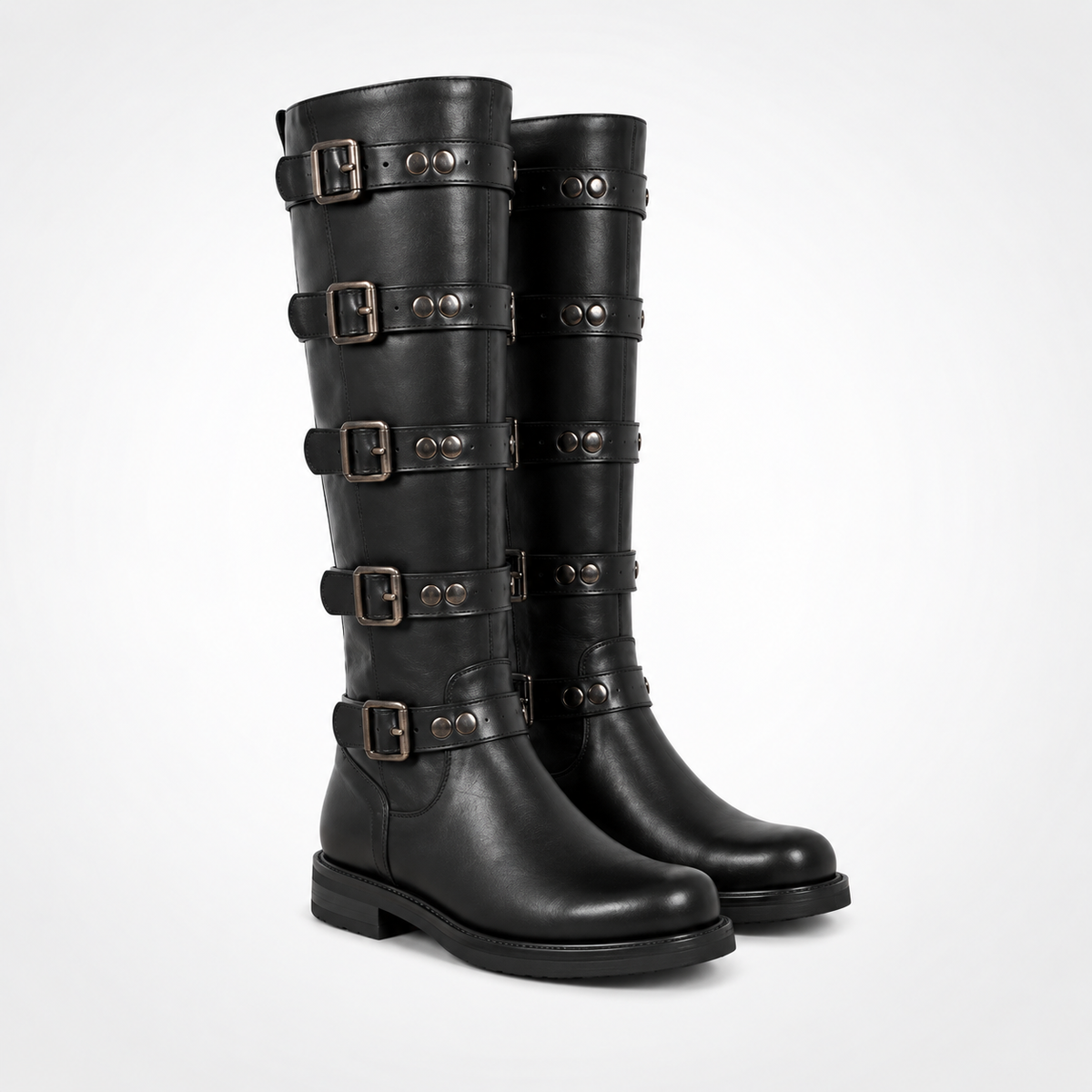 Black Waxed Leather Five Buckle Studded Strap Knee-High Biker Boots - Gunmetal Hardware
