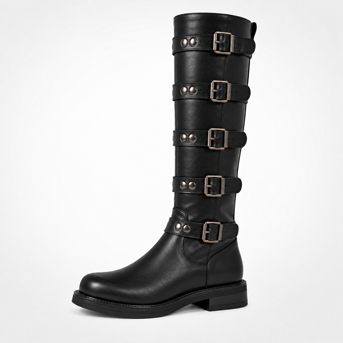 Black Waxed Leather Five Buckle Studded Strap Knee-High Biker Boots - Gunmetal Hardware