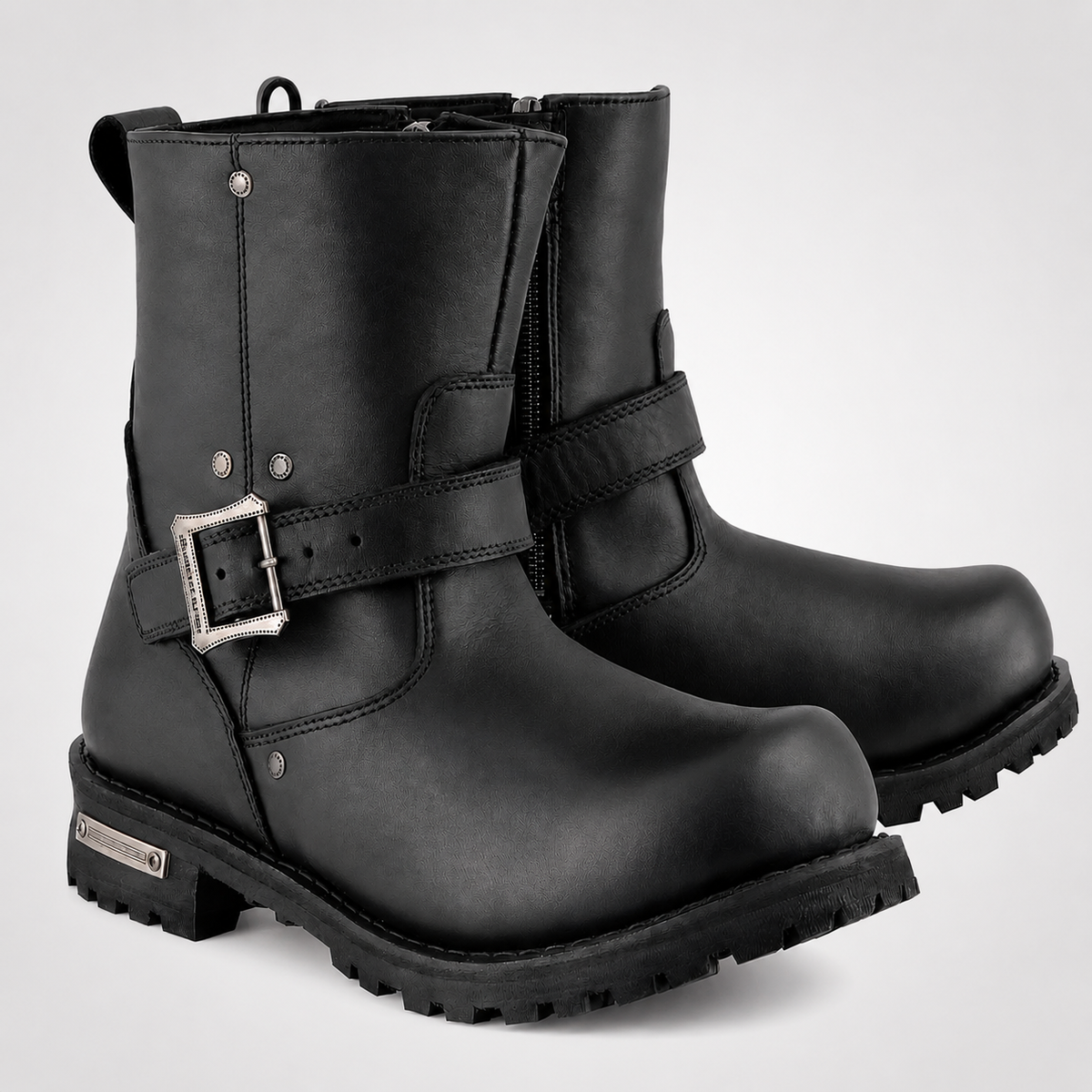 Mens Black Engineer Boots - Buckle Strap Lug Sole