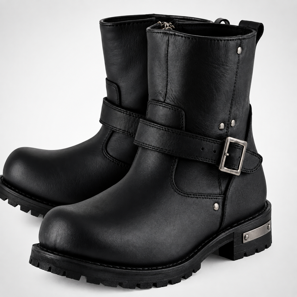 Mens Black Engineer Boots - Buckle Strap Lug Sole
