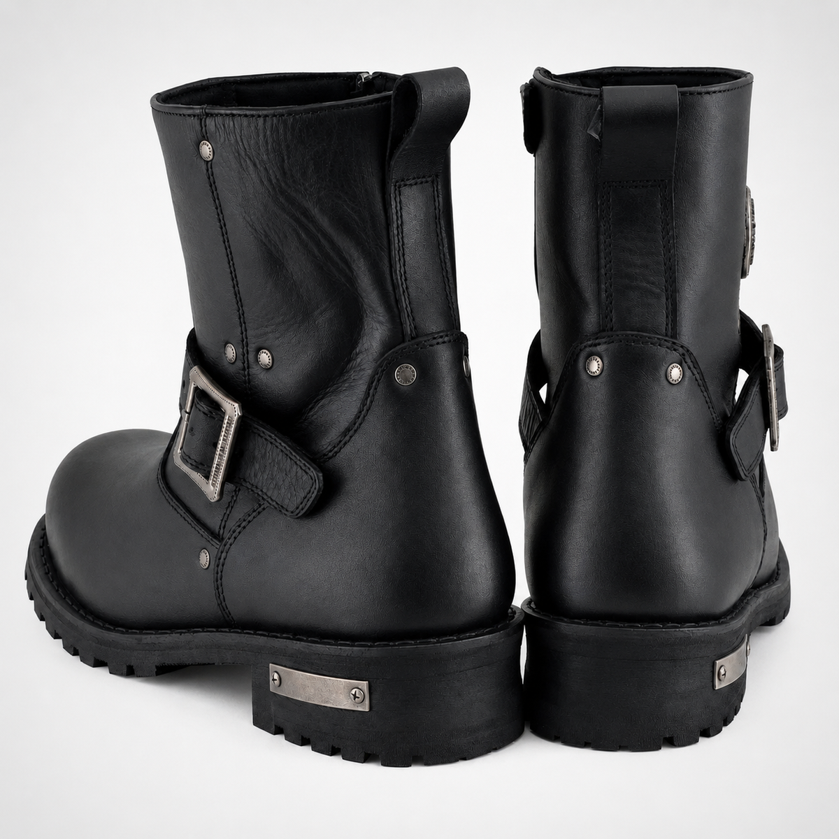 Mens Black Engineer Boots - Buckle Strap Lug Sole