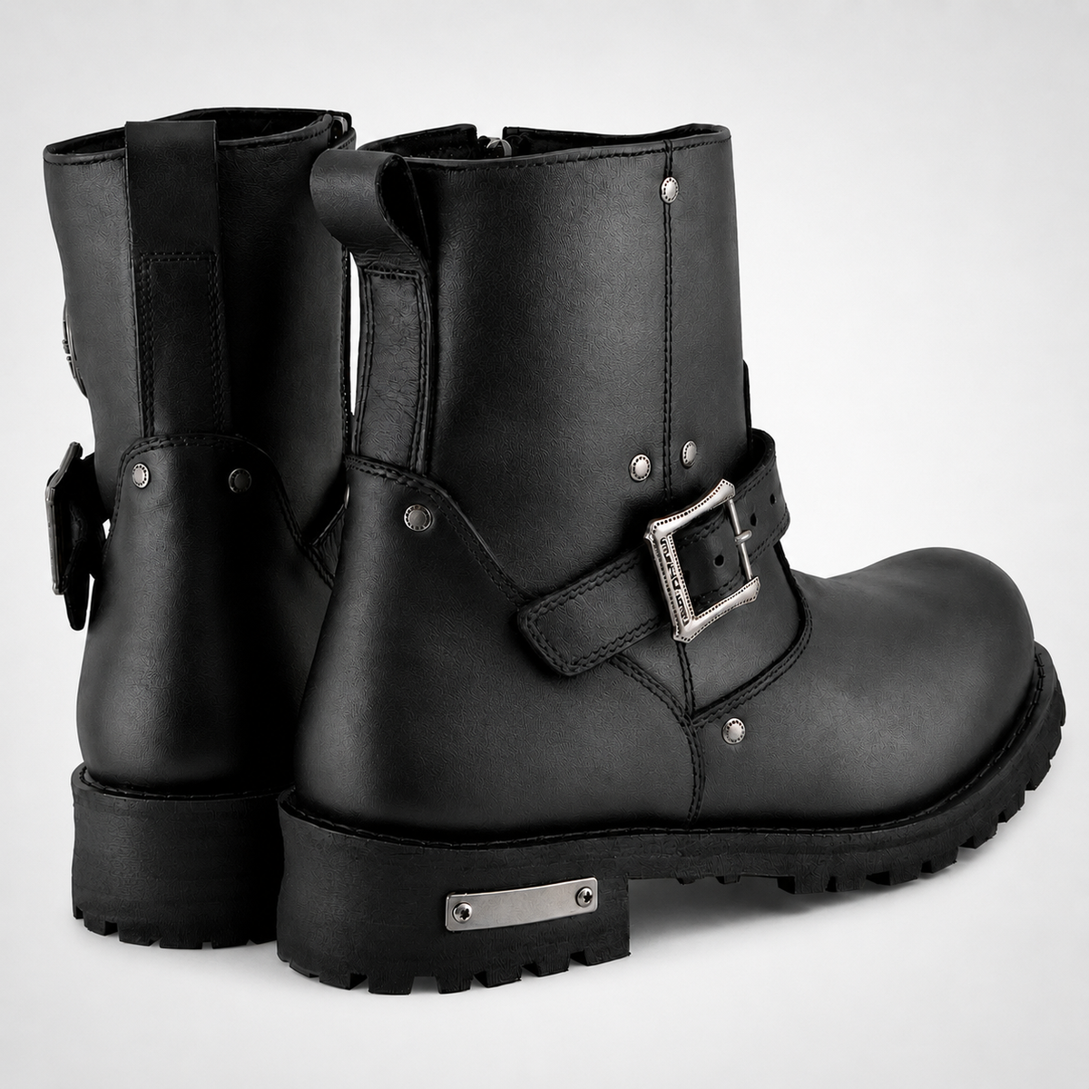 Mens Black Engineer Boots - Buckle Strap Lug Sole