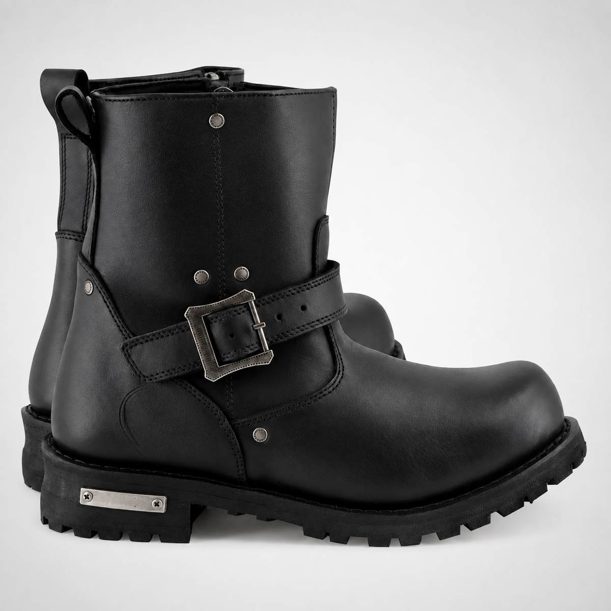 Mens Black Engineer Boots - Buckle Strap Lug Sole