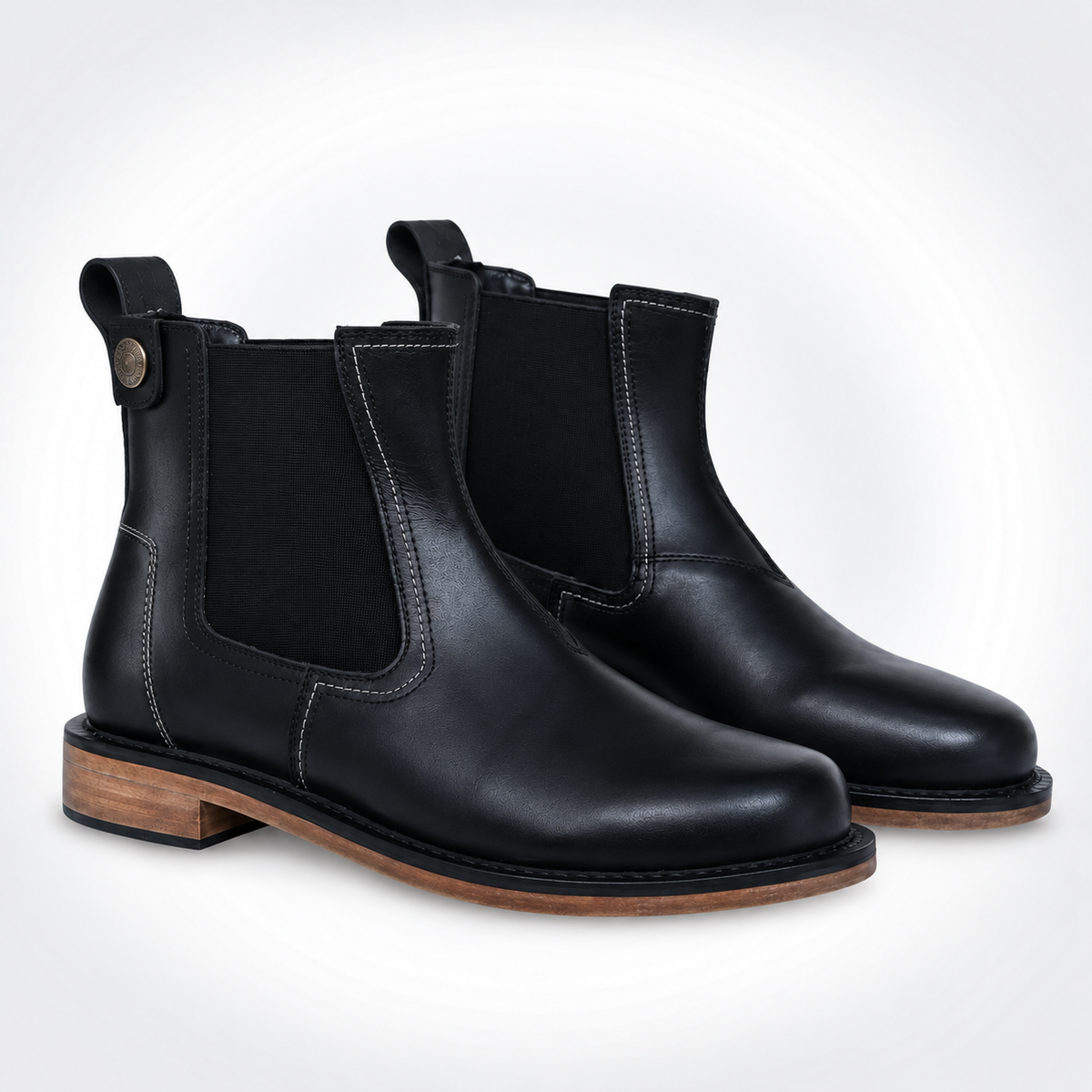 Mens Black Full-Grain Leather Chelsea Boots - Concho Stud Tab Honey Stacked Heel