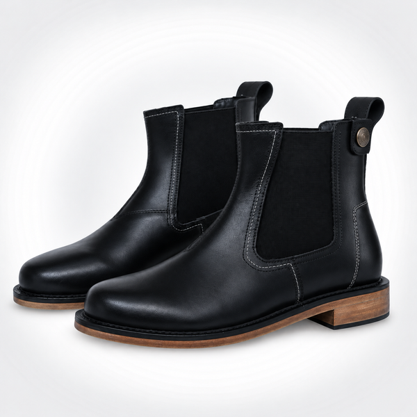 Mens Black Full-Grain Leather Chelsea Boots - Concho Stud Tab Honey Stacked Heel