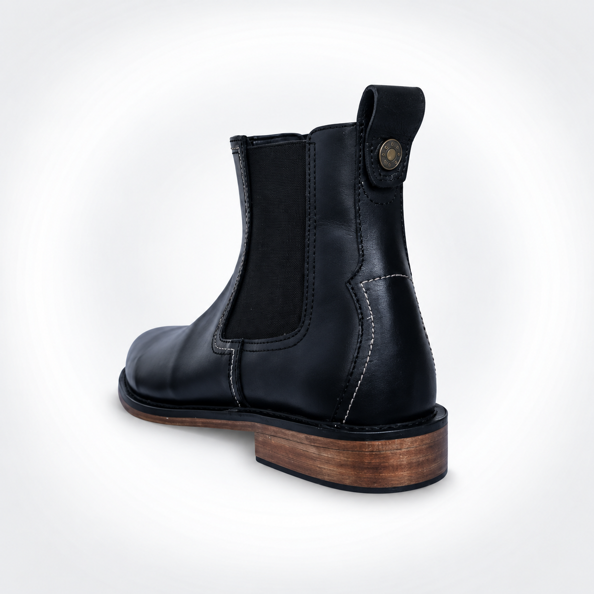 Mens Black Full-Grain Leather Chelsea Boots - Concho Stud Tab Honey Stacked Heel