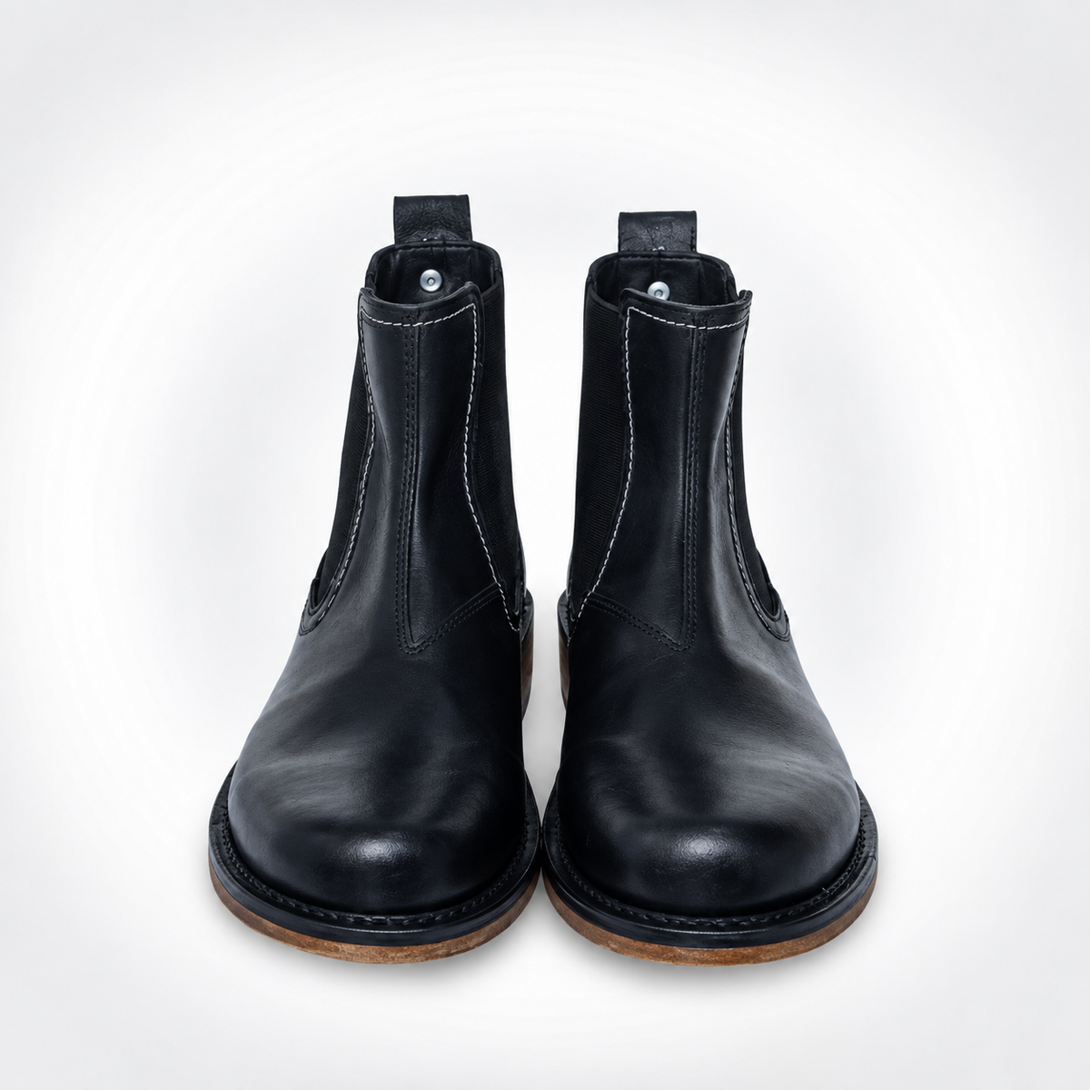 Mens Black Full-Grain Leather Chelsea Boots - Concho Stud Tab Honey Stacked Heel