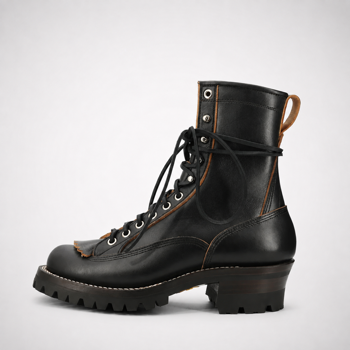 Mens Black Leather Lineman Boots - Kiltie Tongue Stacked Heel