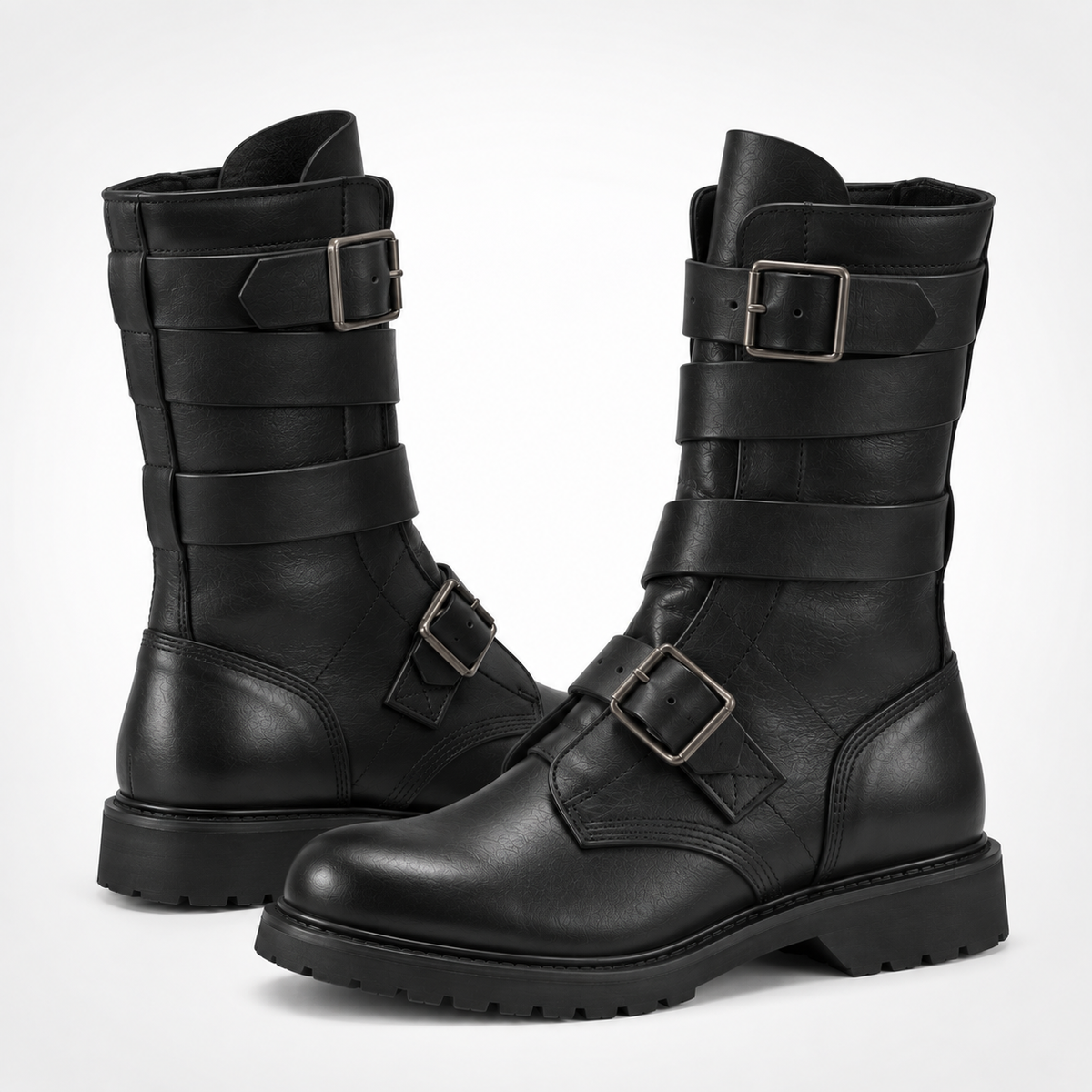Black Full-Grain Leather Four Strap Buckle Mid-Calf Engineer Boots - Platform Lug Sole