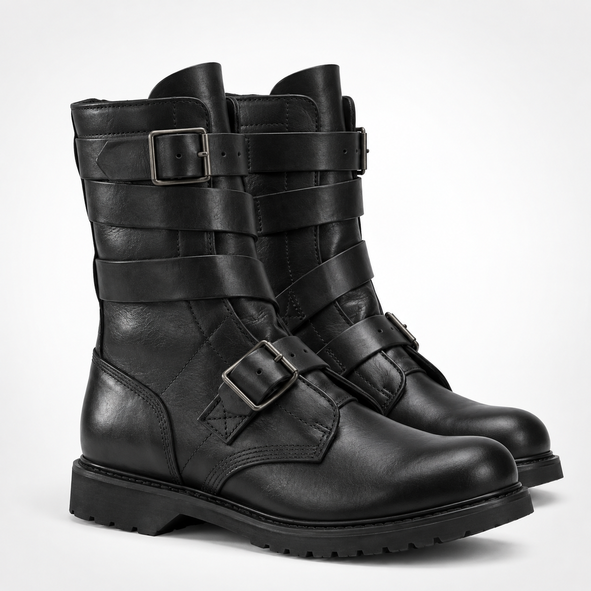 Black Full-Grain Leather Four Strap Buckle Mid-Calf Engineer Boots - Platform Lug Sole
