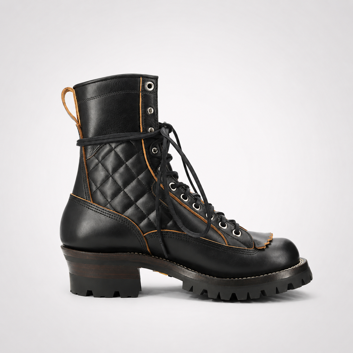 Mens Black Leather Lineman Boots - Kiltie Tongue Stacked Heel