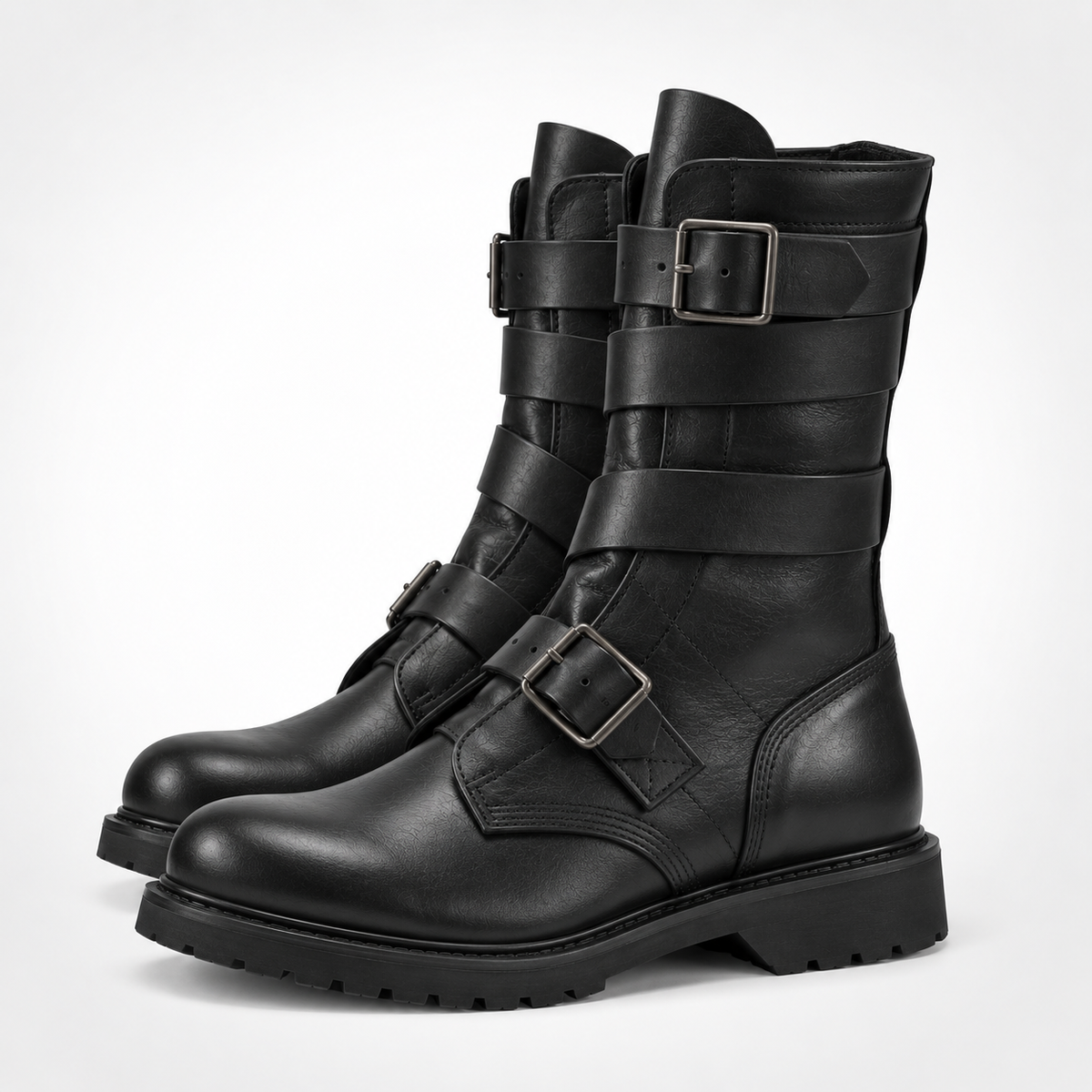 Black Full-Grain Leather Four Strap Buckle Mid-Calf Engineer Boots - Platform Lug Sole