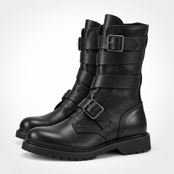 Black Full-Grain Leather Four Strap Buckle Mid-Calf Engineer Boots - Platform Lug Sole