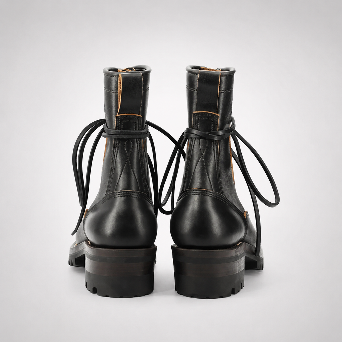 Mens Black Leather Lineman Boots - Kiltie Tongue Stacked Heel