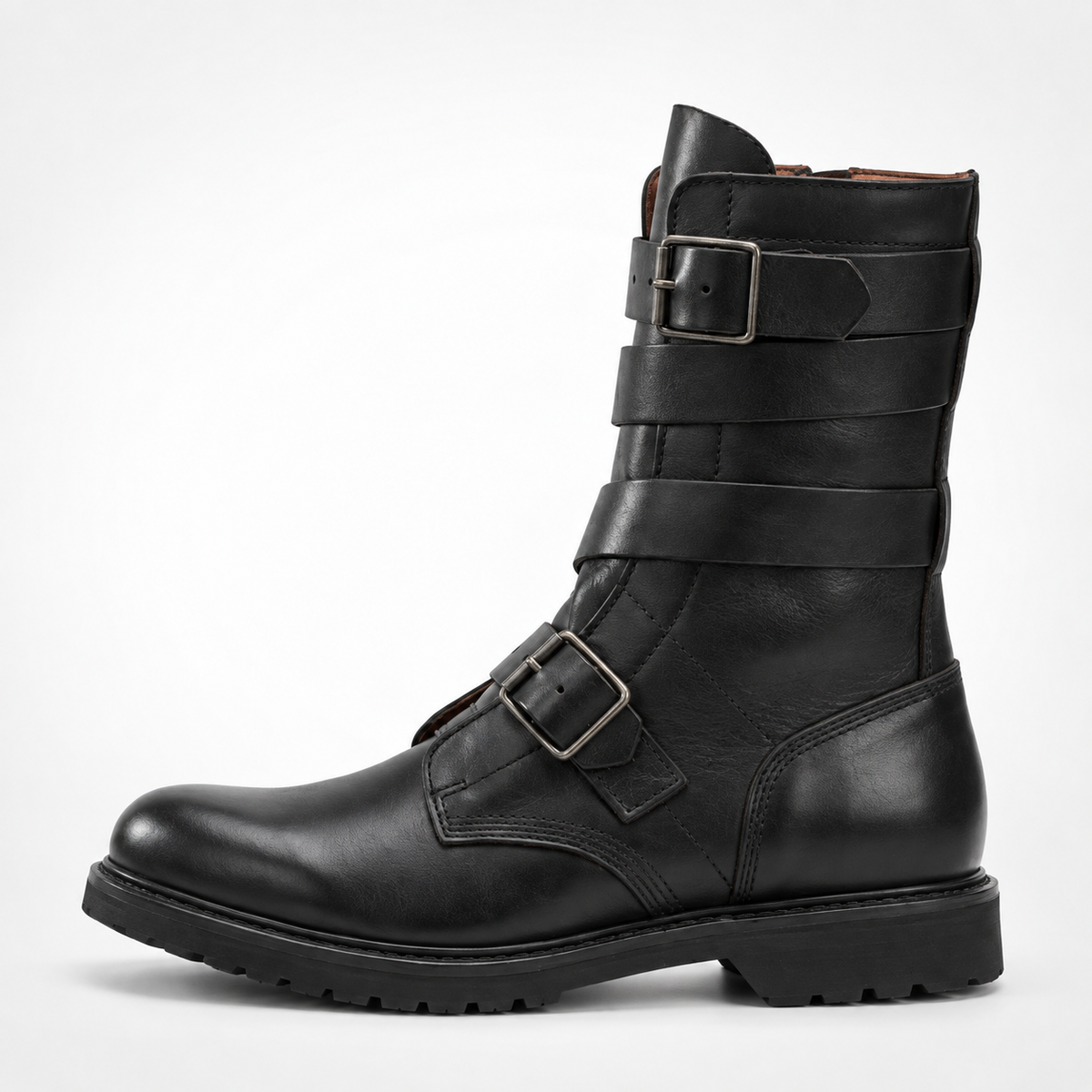 Black Full-Grain Leather Four Strap Buckle Mid-Calf Engineer Boots - Platform Lug Sole