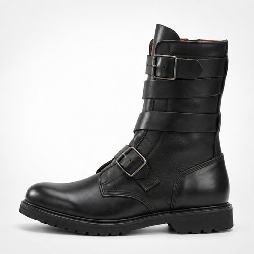 Black Full-Grain Leather Four Strap Buckle Mid-Calf Engineer Boots - Platform Lug Sole